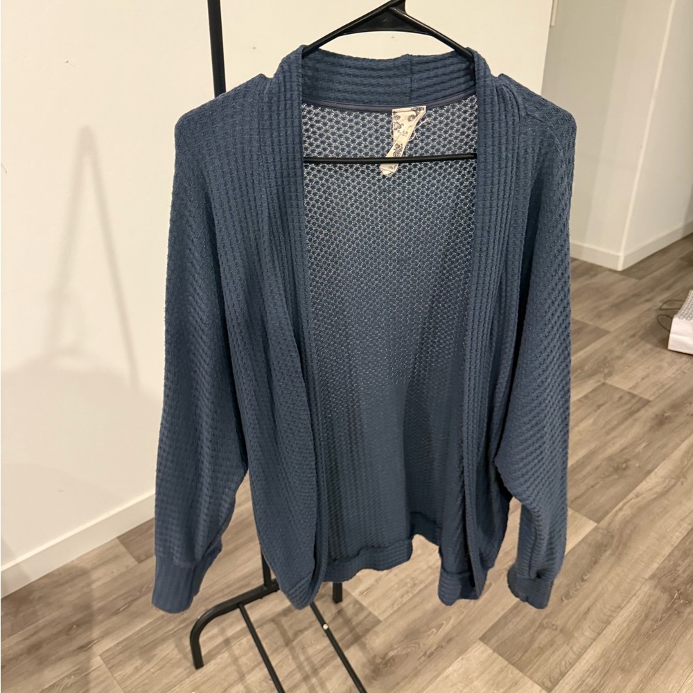 Blu Pepper Open Waffle Knit Cardigan in Steel Blue